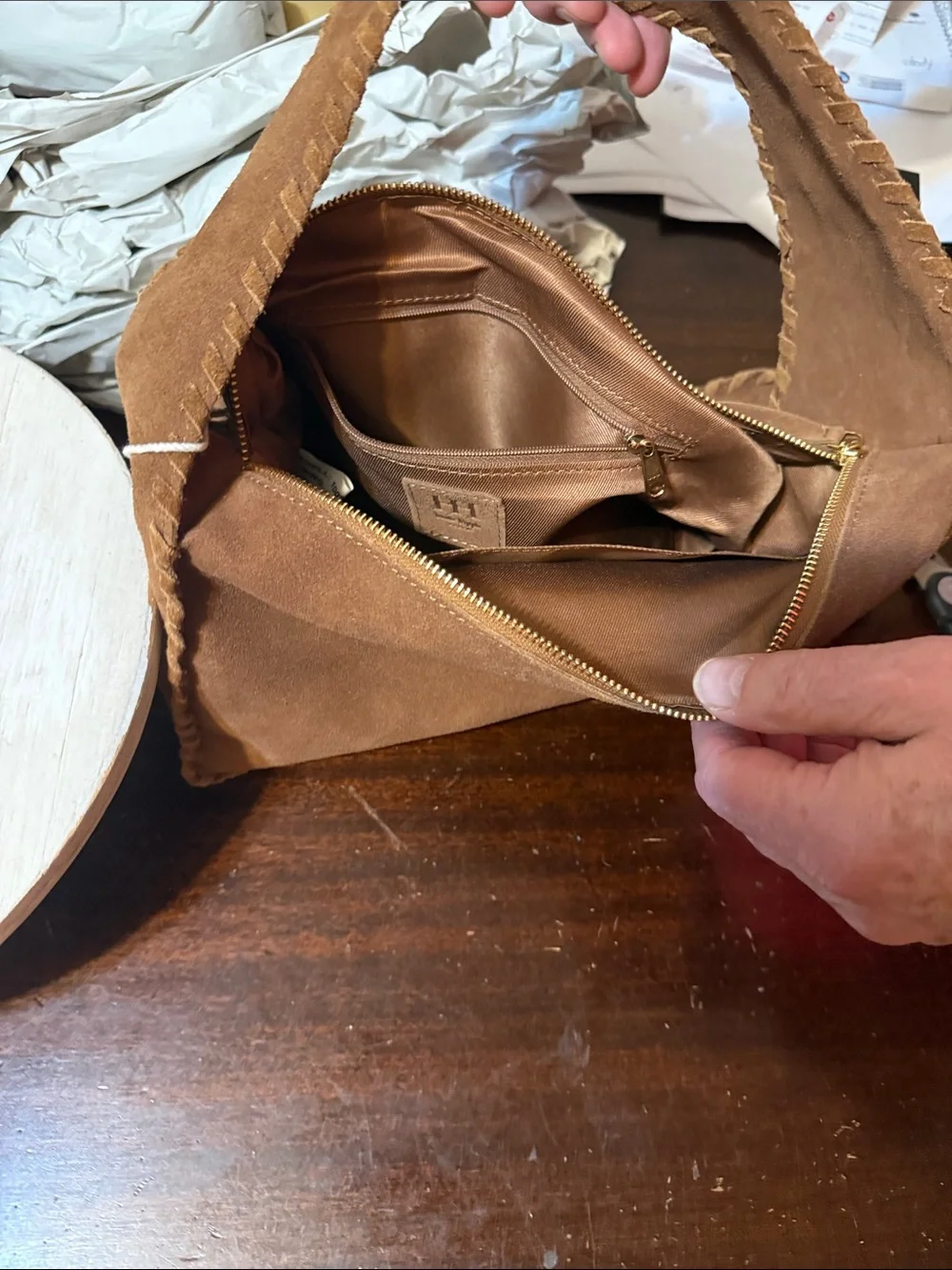 Haute Hippie Chestnut Brown Suede Braided-Trim Shoulder Bag